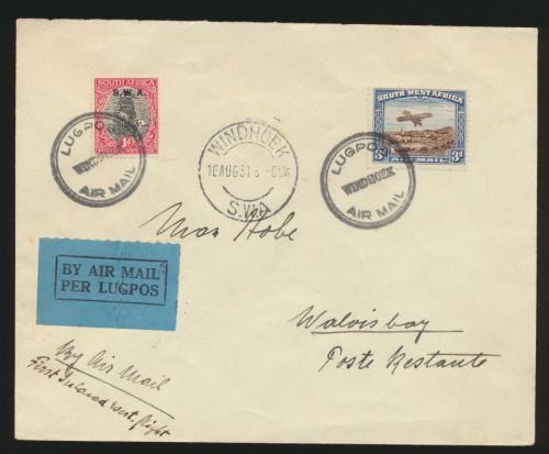 Flugpost air mail Africa Namibia Erstflug ein Tag verschoben Brief 1p vom Rand +