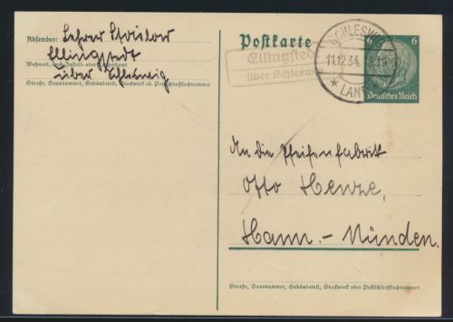 Deutsches Reich Ganzsache Hindenburg Landpoststempel Ellingstedt n. Hann. Münden