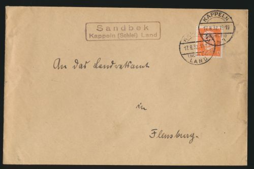 D. Reich Brief EF Landpoststempel Sandbek Kappeln Schlei Land nach Flensburg