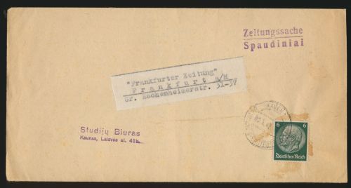 Deutsche Dienstpost Ostland EF Hindenburg Kauen Zeitungsstreifband n. Frankfurt