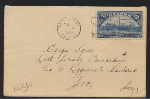 Flugpost air mail Brief Canada EF UPU 5c Stratford Ontario nach Lecce Italien