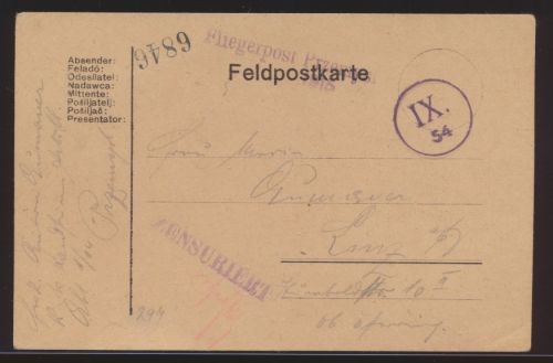 Flugpost air mail Polen viol. L1 Fliegerpost aus der Belagerung Przemysl Zensur