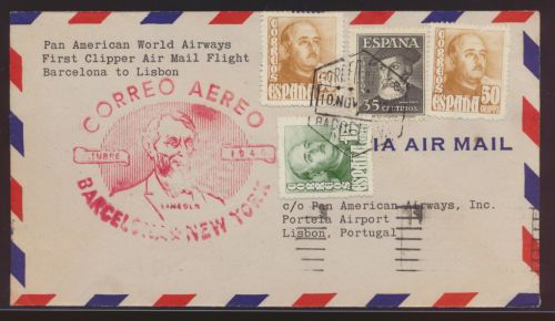 Flugpost air mail Spanien Barcelona New York USA nach Lissabon Portugal