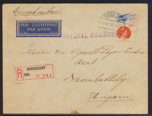 Flugpost air mail Niederlande R Brief Dordrecht nach Szombathhely mit rs. K2