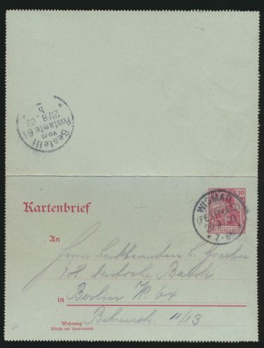 Wismar Deutsches Reich Ganzsache Kartenbrief Sonderstempel Festplatz nach Berlin