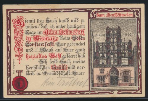 Feldpost D. Reich Ansichtskarte Wismar Mecklenburg Zum alten Schweden Künstler