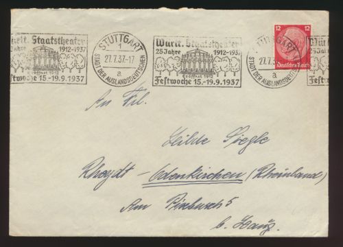 D. Reich Brief EF Hindenburg Motiv SST Stuttgart Württemberg Staats Theater