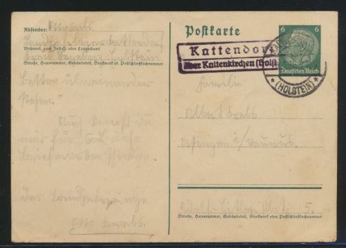 Landpoststempel Kattendorf über Kaltenkirchen Schleswig Holstein Reich Ganzsache