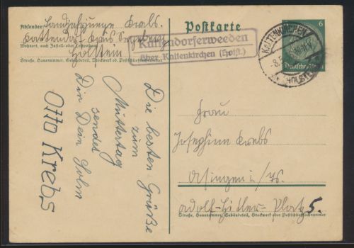 Landpoststempel Kattendorferweden über Kaltenkirchen Schleswig Holstein Reich