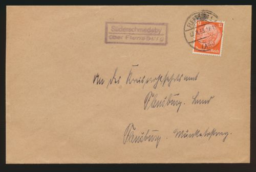 Landpoststempel Süderfahrenstedt über Flensburg Schleswig Holstein Dt. Reich