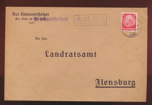 Landpoststempel Groß Solt über Flensburg Schleswig Holstein Deutsches Reich EF