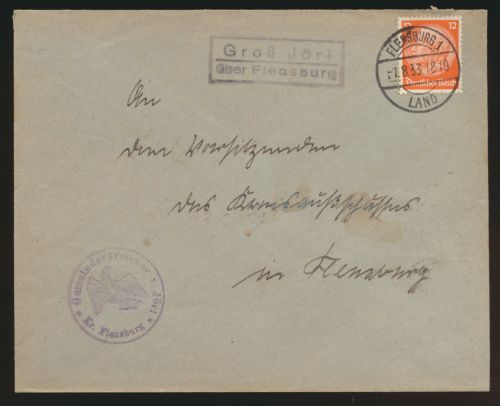 Landpoststempel Groß Jörl über Flensburg Schleswig Holstein Deutsches Reich EF