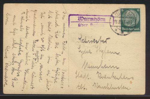 Landpoststempel Warmhörn über Husum Schleswig Holstein Deutsches Reich EF