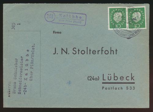 Landpoststempel Kalübbe über Plön Schleswig Holstein Brief Bund MEF Heuss