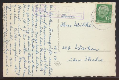 Landpoststempel Süddorf über Wittdün Amrum Ansichtskarte Bund EF Heuss nach