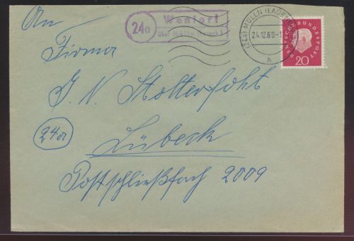 Landpoststempel Wentorf über Mölln Lauenburg Schleswig Holstein Brief Bund EF