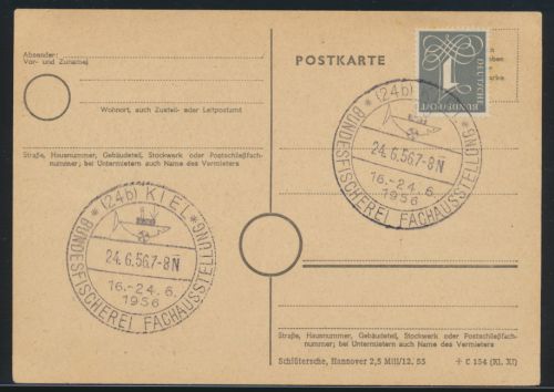 Bund Kiel Sonderstempel Bundesfischerei Fachausstellung 24.6.1956 auf Blanko -