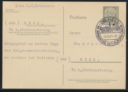 Bund Ganzsache 8 Pfg. Heuss mit SST Kiel Kongress Europa Union 26.5.1961