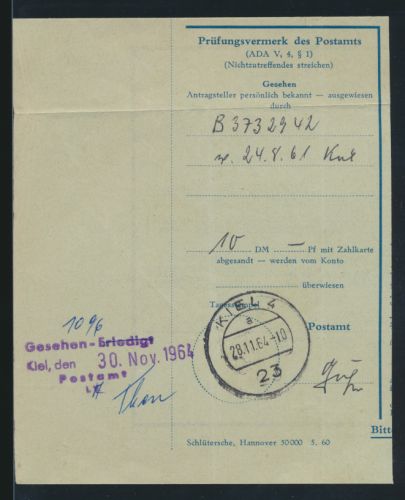 Bund Kiel Einzahlungsbeleg zwecks Einrichtung eines Postscheckkontos 28.11.1964