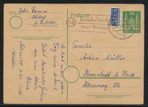 Bizone Ganzsache Landpoststempel Landscheide über Wilster nach Hennstedt Heide