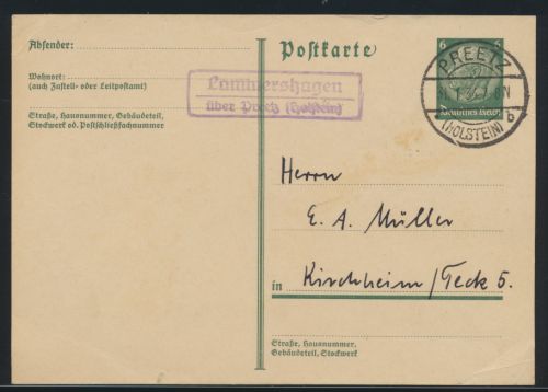 Deutsches Reich Ganzsache Landpoststempel Lammershagen über Preetz n. Kirchheim