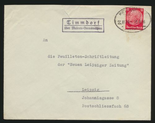 Landpoststempel Timmdorf über Malente Gremsmühlen Bahnpost Kiel Lübeck Deutsches