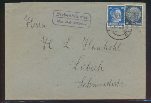 Landpoststempel Siebenbäumen über Bad Oldesloe Reich Brief MIF Hitler Hindenburg