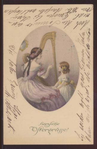 Künstler Ansichtskarte M Munk Wien Ostern Jugendstil Art Nouveau Musik Harfe