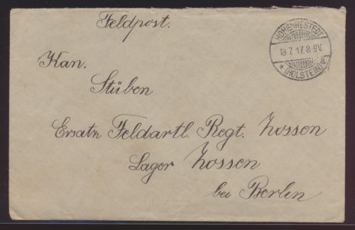 Deutsches Reich Feldpost Brief Hohenwestedt nach Lager Zossen bei Berlin