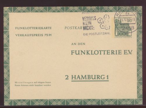 Bund Ganzsache Funkloterie Postkarte FP 12 Werbung Post Postleitzahl Ratzeburg