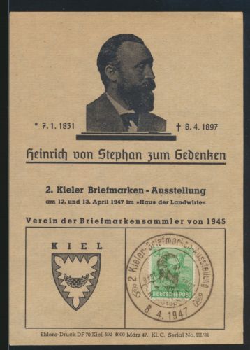 Besetzung Gemeinschaft Stephan UPU Kiel Briefmarken Ausstellung Gedenkblatt