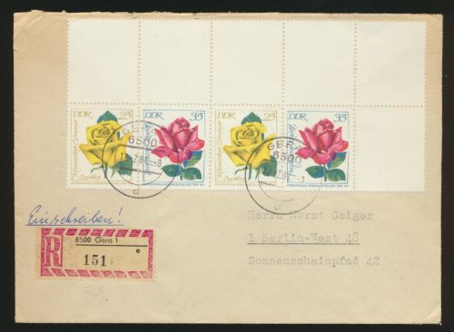 DDR R Brief Zusammendruck Rosen Bogenecke Eckrand 6 gezähnte Leerfelder Gera n.