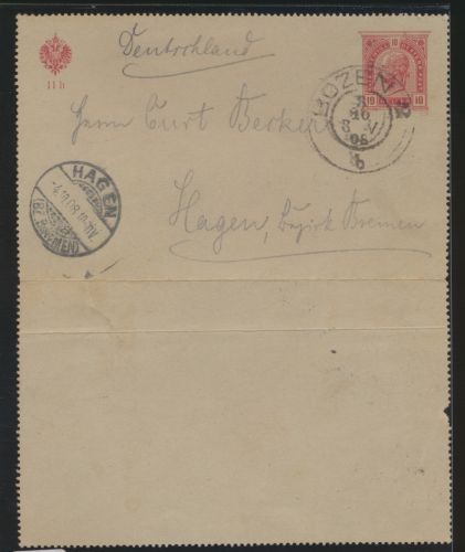 Österreich Italien Südtirol Ganzsache Kartenbrief Bozen nach Hagen 3.10.1908