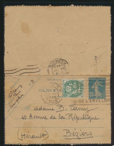 Frankreich Ganzsache Kartenbrief 25c nach Béziers France postal stationery