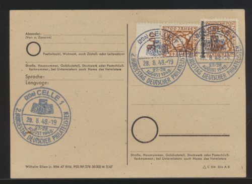 Bizone Karte mit 3x sauber blauer SST Philatelie 28.8.1948