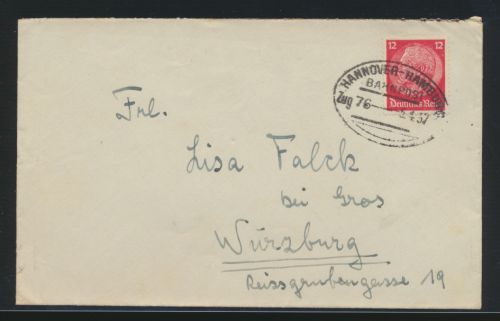 Bahnpost Deutsches Reich Hindenburg Hannover Hamburg Zug 76 nach Würzburg