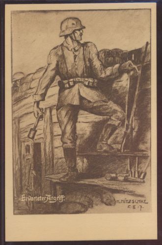 Ansichtskarte Künstler Propaganda Weltkrieg Erwarteter Angriff sign M. Mitzschke