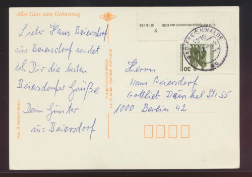 DDR Druckvermerk Bogenecke Eckrand von Bad Freienwalde nach Berlin auf Postkarte