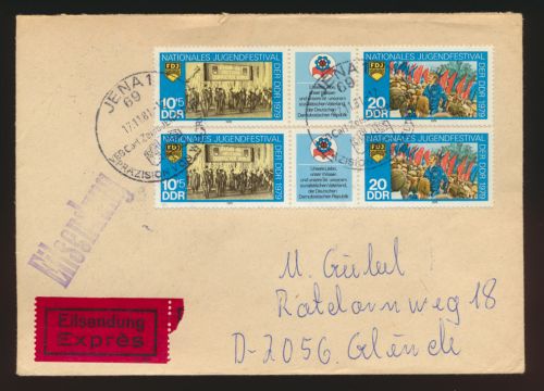 DDR Zusammendruck Eilboten Brief + Eisenbahn Jena nach Glinde Schleswig-Holstein