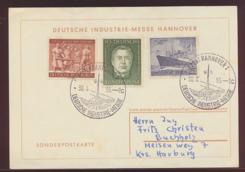 Bund Berlin Sonderstempel Hannover Industrie Messe 30.4.1955 auf Sonderkarte