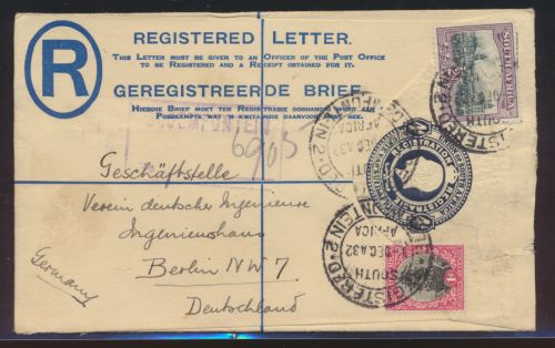 Südafrika Ganzsache 4p King Georg + ZuF nach Berlin Africa postal stationery