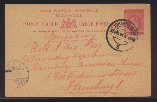 Transvaal Afrika Ganzsache Johannesburg nach Hamburg Africa postal stationery