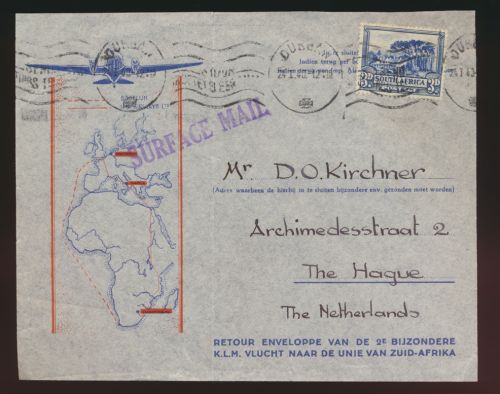 Flugpost air mail Südafrika Surface mail Den Haag Niederlande Africa cover ton