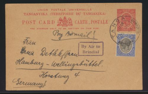 Flugpost airmail Afrika Tanganjika Tanganyika Tansania Brindisi Ganzsache Tanga