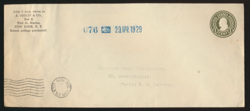 USA Ganzsache 1 cent HIJD.TERM.STA.NY 12 nach Berlin 240x105 mm