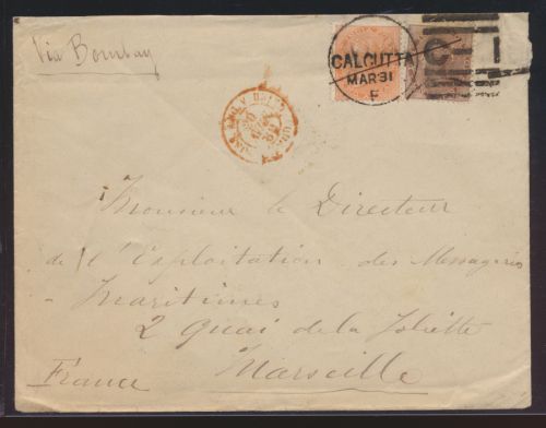 Schiffspost Indien MIF Queen Victoria K1 CALCUTTA n. Marseille Frankreich