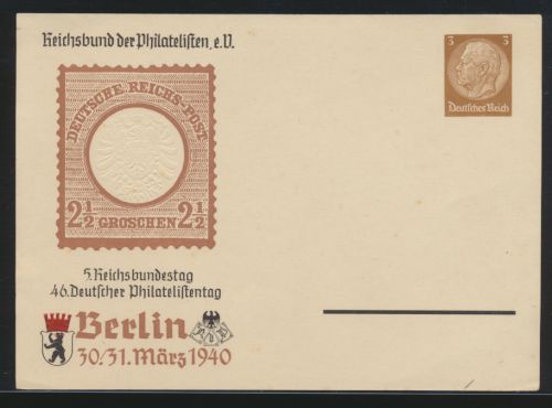Reich Privatganzsache Philatelistentag Berlin SST 3 Pfg. Hindenburg Brustschild