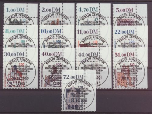 Bund Sehenswürdigkeiten SWK Bogenecke Eckrand DM-€ komplett 13 Werte ob. rechts