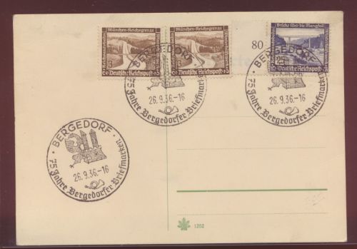 Philatelie Deutsches Reich Karte WHW Bauten Sonderstempel Bergedorf 75 Jahre
