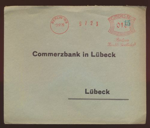 Deutsches Reich Berlin W 8 AFS Absenderfreistempel 015 grün mit 15 überstempelt